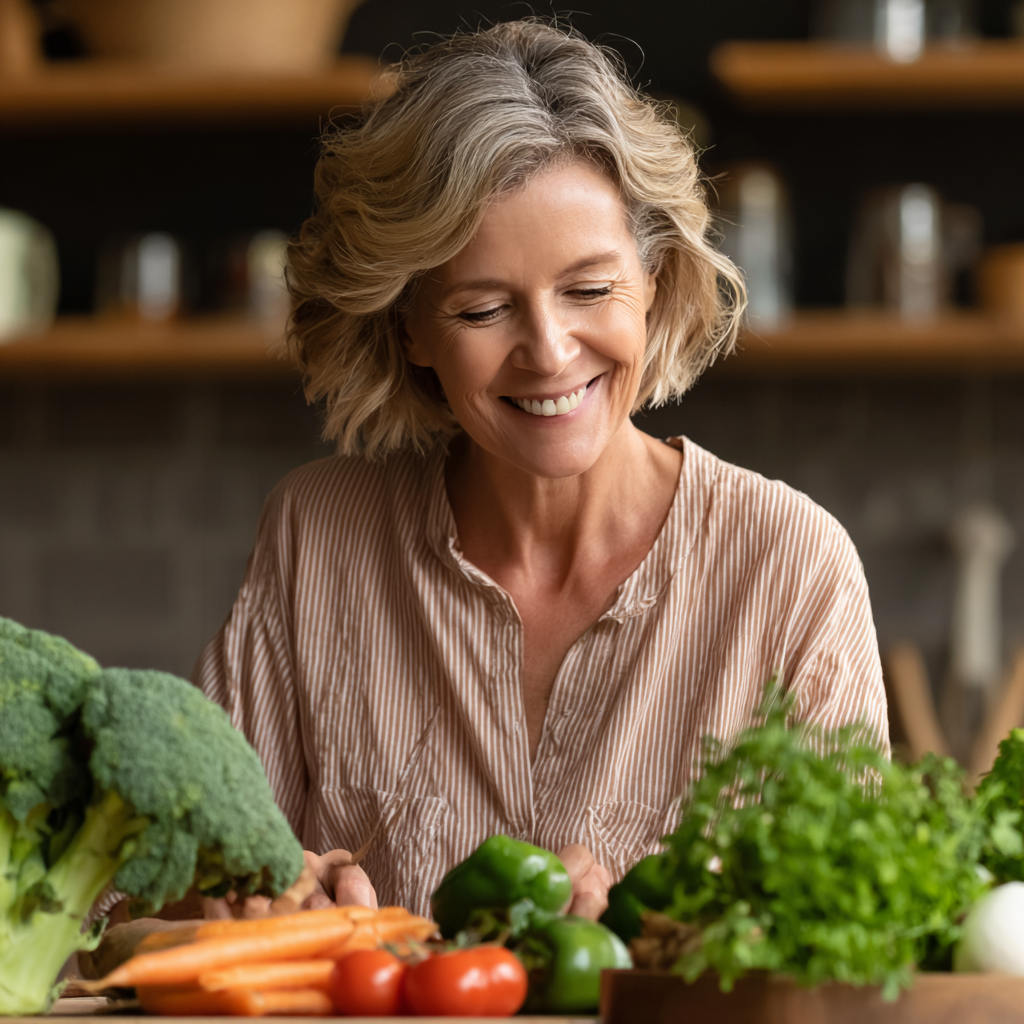 Energikus magyar felnőtt sportoló egészséges ételek között mosolyog